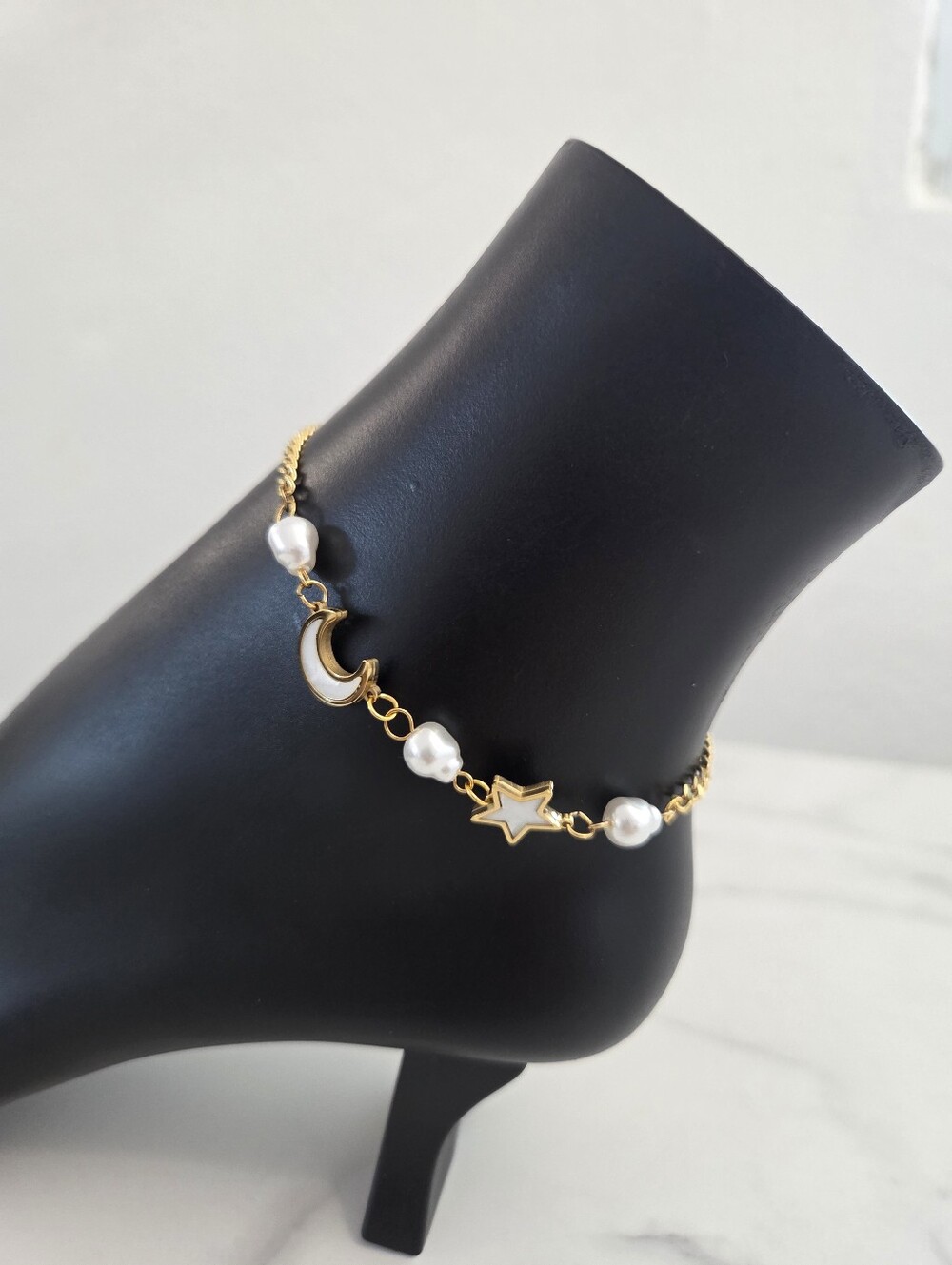 Gold Celestial Anklet Pearl Crescent Moon Star Charm Bracelet - Picture 4 of 16
